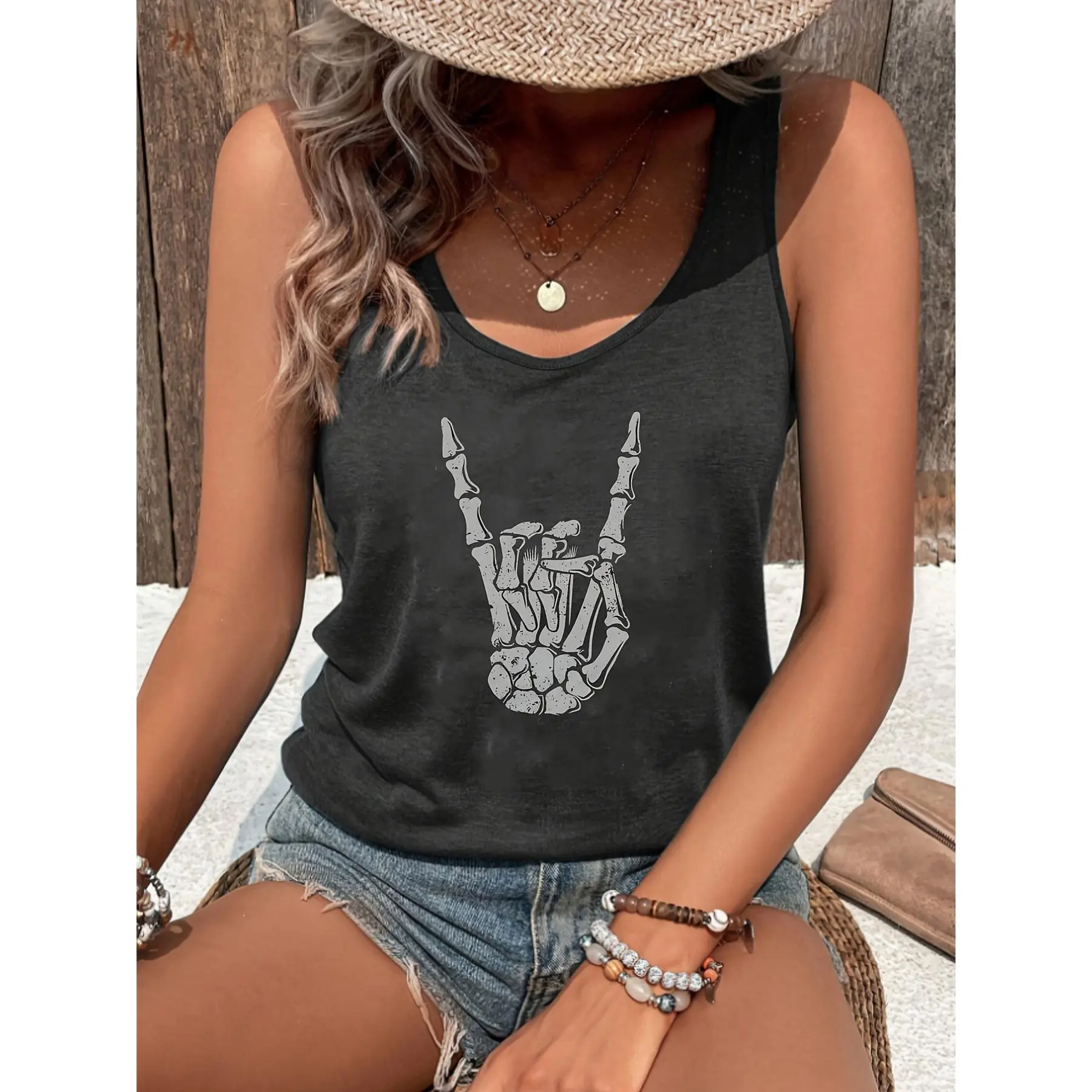 Women's Hand-Painted Gothic Muscle Tank Top - Sleeveless Round Neck Black Skull Vest, Soft Polyester-Cotton-Spandex Fabric, Machine Washable for Spring/Summer Festivals, Casual Outfits with Shorts, Beach, Jeans, Tank Tops, Women's Tops
