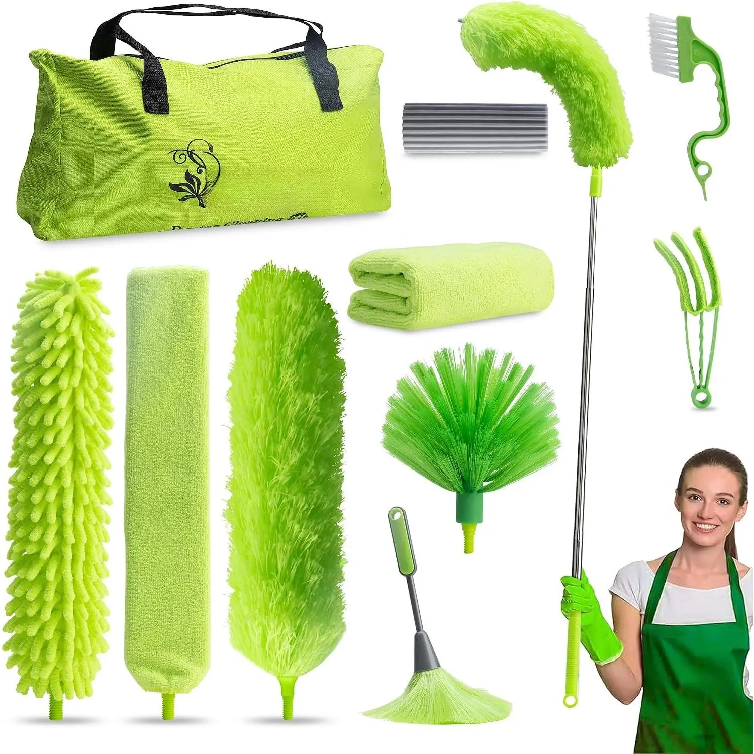 Microfiber Duster with Extension Pole 30 to 100'', Bendable  Washable  Dusters for Cleaning High Ceiling Fan, Cobweb, Blinds, Keyboard, Furniture & , Green  for Women (11 PCS)