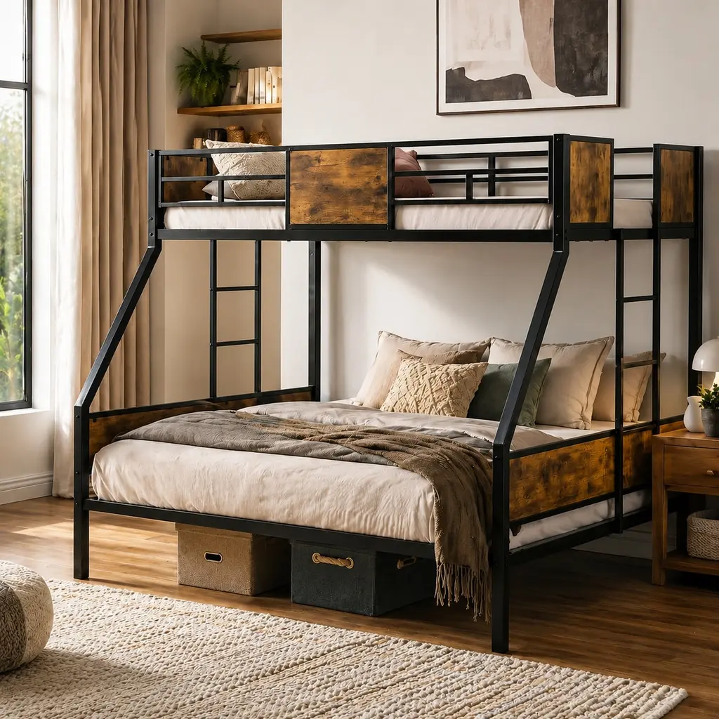 Secure Twin Over Full Steel Bunk Bed - 56.1in Wide, 66.9in High, 78in Long, with Ladder, Guardrails, No Box Spring Needed, Under-Bed Storage, Assembly Required, Black & Brown