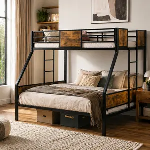 Twin Over Full Steel Bunk Bed with Ladder, Guardrails, No Box Spring Needed, Under-Bed Storage, Black & Brown