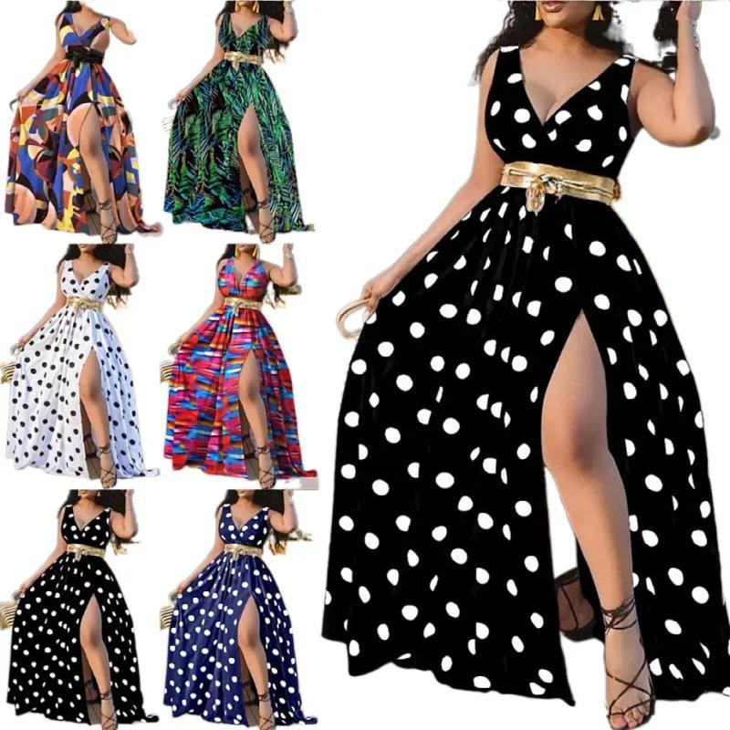 Summer Dress Printed Waist-Controlled Mid Waist Temperament Long Dress Sexy Slit Large Swing Dress with Belt Casual Fit Asymmetrical Womenswear Sleeveless Comfort Elegance Feminine Floral Twist Vneck Formal White