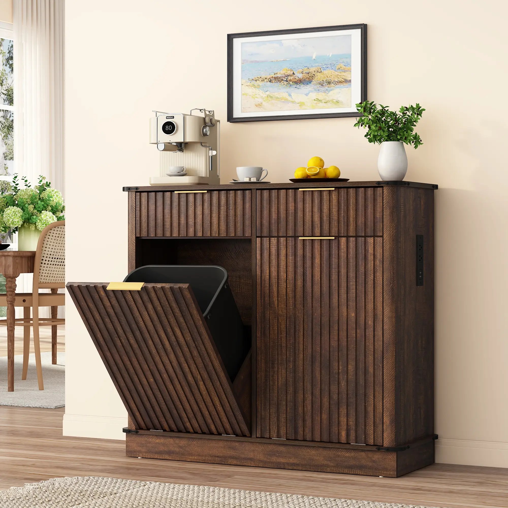 Double Tilt Out Trash Cabinet,Fluted Laundry Hamper Cabinet with 2 Drawers and Charging Station 20 Gallon Wooden Hidden Garbage Can Cabinet for Kitchen & Living Room Arc Design Brown/Black/Black