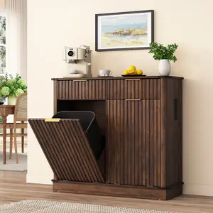 Double Tilt Out Trash Cabinet,Fluted Laundry Hamper Cabinet with 2 Drawers and Charging Station 20 Gallon Wooden Hidden Garbage Can Cabinet for Kitchen & Living Room Arc Design Brown/Black/Black