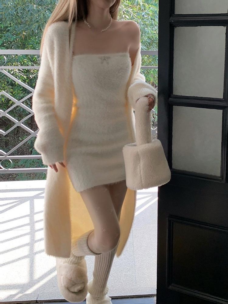 2025 Autumn Knitted Suits Women  Clothing Korean Fashion 2 Piece Dress Sets Female Casual Cardigan Coast + Mini Dress Vintage