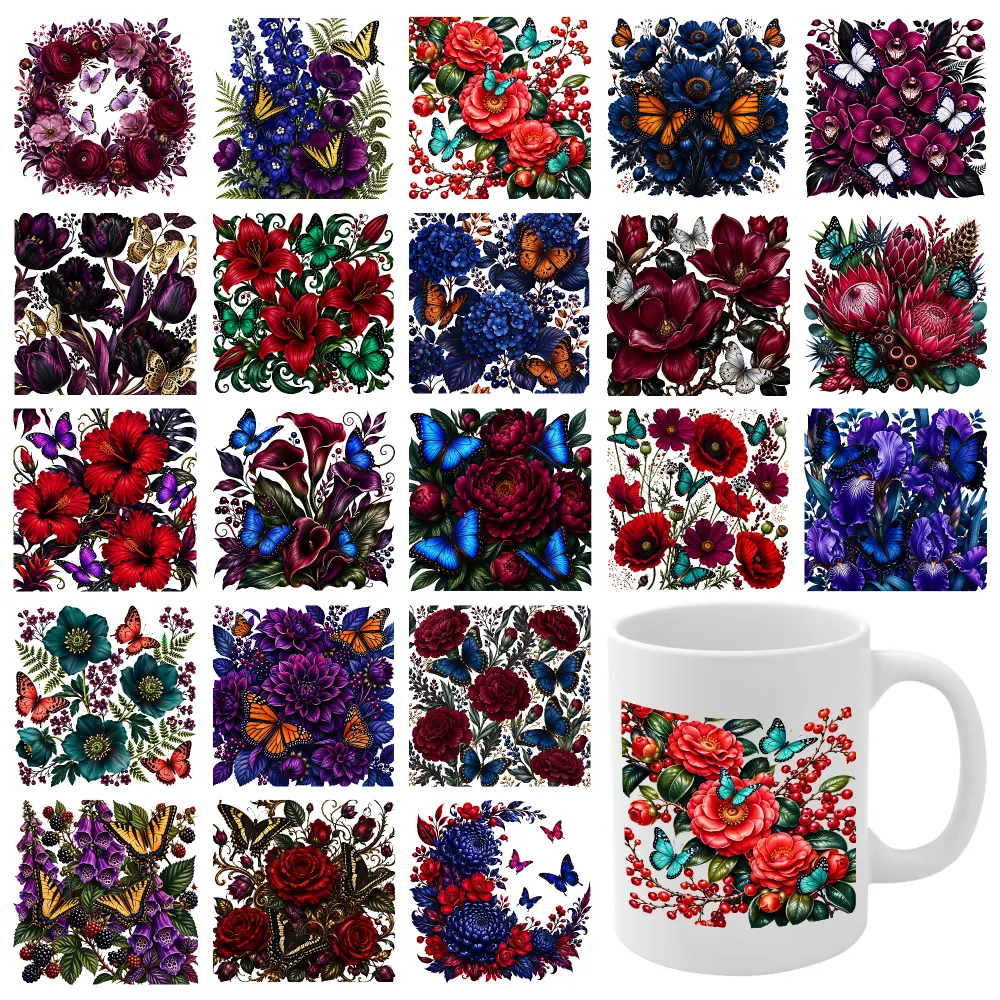 21 Pcs Floral Butterfly UV DTF Stickers Plastic Self-Adhesive Labels for 16 oz Tumbler UV DTF Stickers Waterproof Decals Mug Decoration Gift