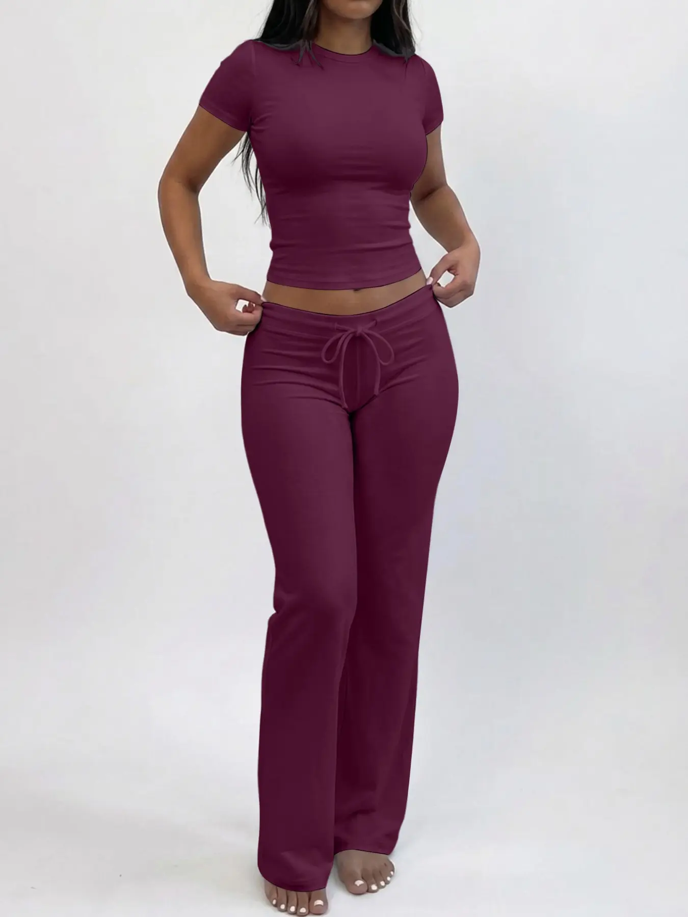 Lw Zillionaires Women Multi Color Crew Neck Short Sleeve Crop Top & Drawstring Waist Flare Pants 2 Piece Matching Set, Soft Stretch Slim Fit Casual Loungewear Tracksuit Outfit for Daily Street Vacation Clothes