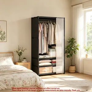 Black Frame Freestanding Wardrobe with Translucent Dust Sheer Curtain, Thick Hanging Rail, Multi-Layer Shelves & Fabric Drawers, Large Capacity Bedroom Clothes Storage Rack for Small Space, Rental & Dorm