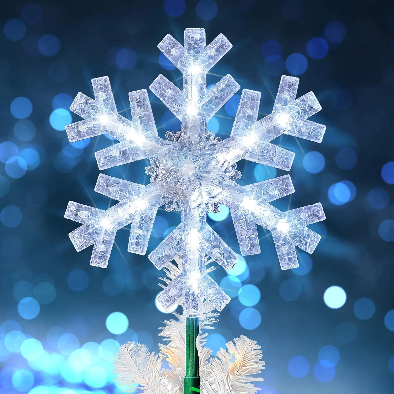 Snowflake Christmas Tree Topper, 9 inch Christmas Tree Topper Ornament with 15 White LED Lights, Lighted Tree Topper Christmas Decorations for Xmas Indoor Holiday Decor