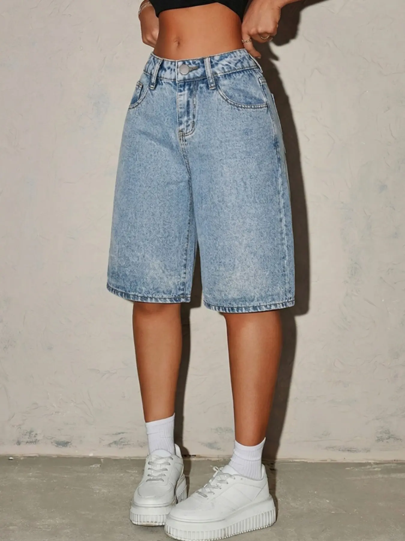 Y2K Retro Light Wash Denim Bermuda Shorts for Teen Girls & Boys, High Waist Slim Fit, Casual Boho Style, Ideal for Summer, School, Campus, Bottom