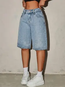 Y2K Retro Light Wash Denim Bermuda Shorts for Teen Girls & Boys, High Waist Slim Fit, Casual Boho Style, Ideal for Summer, School, Campus