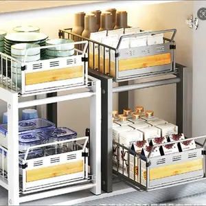 White 2-Tier Pull-Out Storage Rack with Wooden Top Panel, Versatile Organizer Offering Elegance and Practicality for Your Home