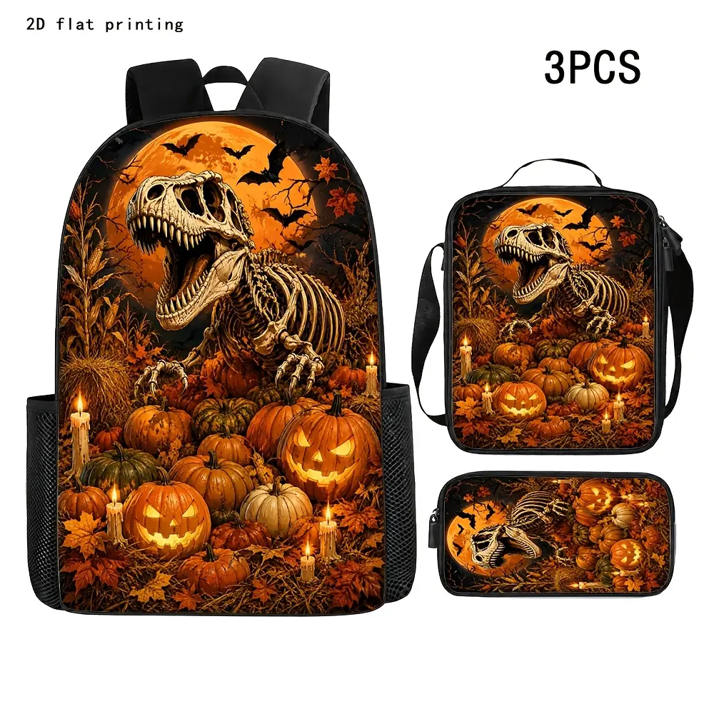 Durable Water Resistant 3-Piece Backpack Set for Kids, Lightweight School Bag with Lunch Box, Orange Full Moon Autumn Pumpkin Dinosaur Skeleton Bat Halloween Cartoon Graphic Print, Spacious 15in Laptop Backpack with Soft Padded Straps