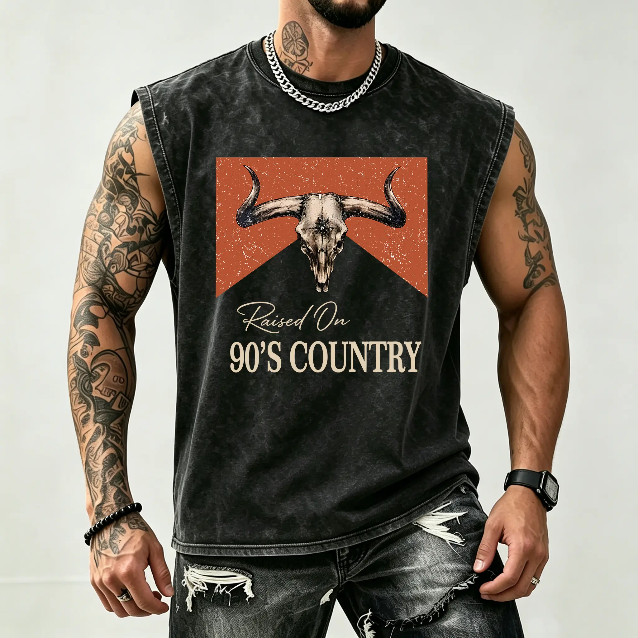 Vintage Washed Men’s 100% Cotton Sleeveless Tank Top, Raised On 90’s Country Longhorn Bull Skull Retro Graphic Muscle Vest, Distressed Cut Off Sleeveless T-Shirt, Soft Breathable Loose Fit Western Cowboy Streetwear, Ideal Gift For Boyfriend Husband Dad Fa
