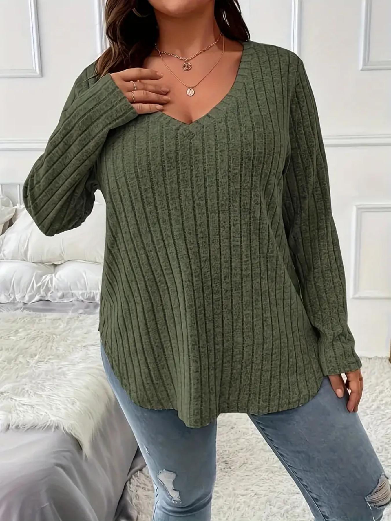 Plus Size Solid Long Sleeve Tee, Casual Comfy V Neck Top for Fall Daily Outdoor Wear, Women Plus Clothing for Fall , Fall Outfits 2024, Fall Outfits, Earthtone Fallfreshness, Dressy Casual Tops