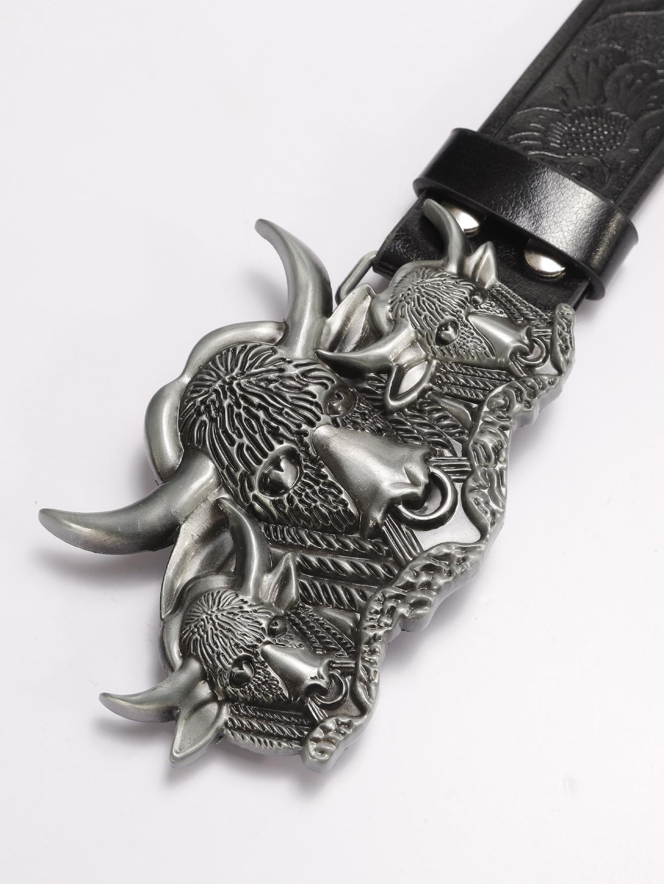 Unisex simple silver bull head alloy buckle black embossed PU belt paired with jeans