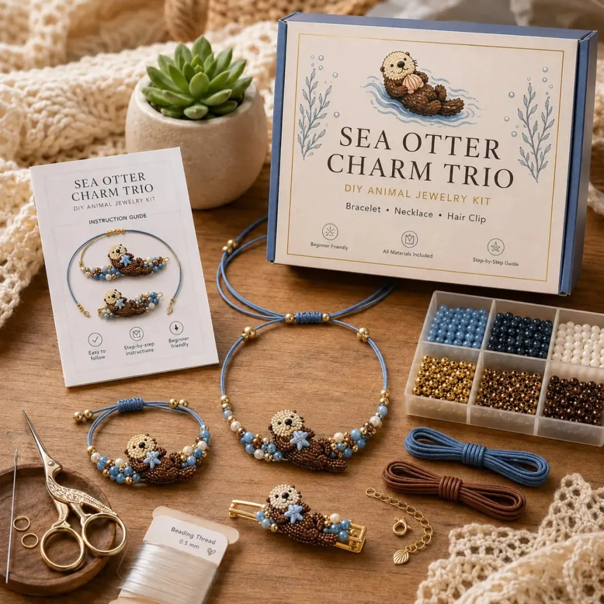 Sea Otter Charm Trio DIY Jewelry Making Kit Make Your Own Bracelet Necklace Hair Clip Animal Beading Craft Set Beginner Friendly Handmade Gift Kit For Women Teens sohochic