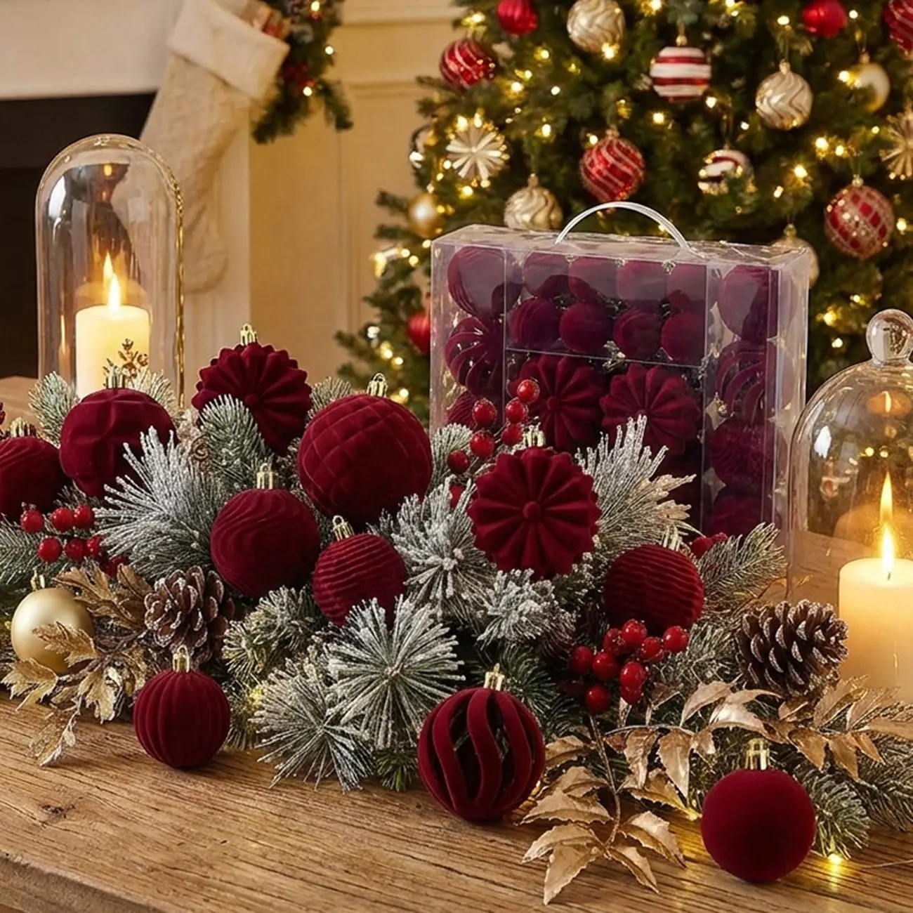 48 Faux Fur Christmas Balls 4-8cm Mixed Sizes, Hanging Decorations for Christmas Trees, Home & Mall Festival Party Supplies