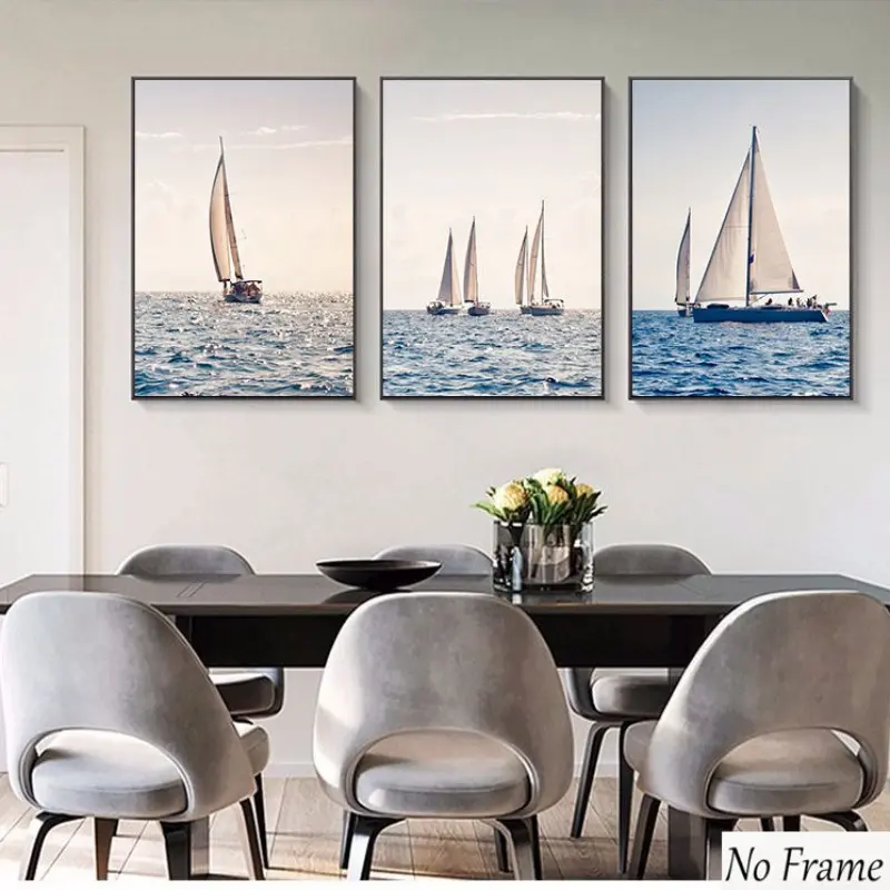 3pcs Nordic Sailboat Wall Art, Realistic Sea Landscape, Modern Art Poster, Home Office Bedroom Decor, Blue Fresh Color Scheme