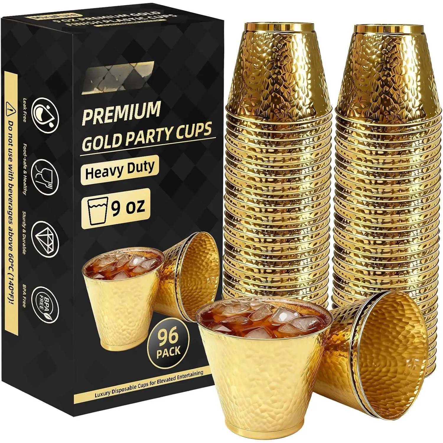 96-Pack  Hammered Plastic Party Cups 9oz,  Leakproof Disposable Cups,  Elegant Drinkware for Weddings Birthdays Holidays Gatherings