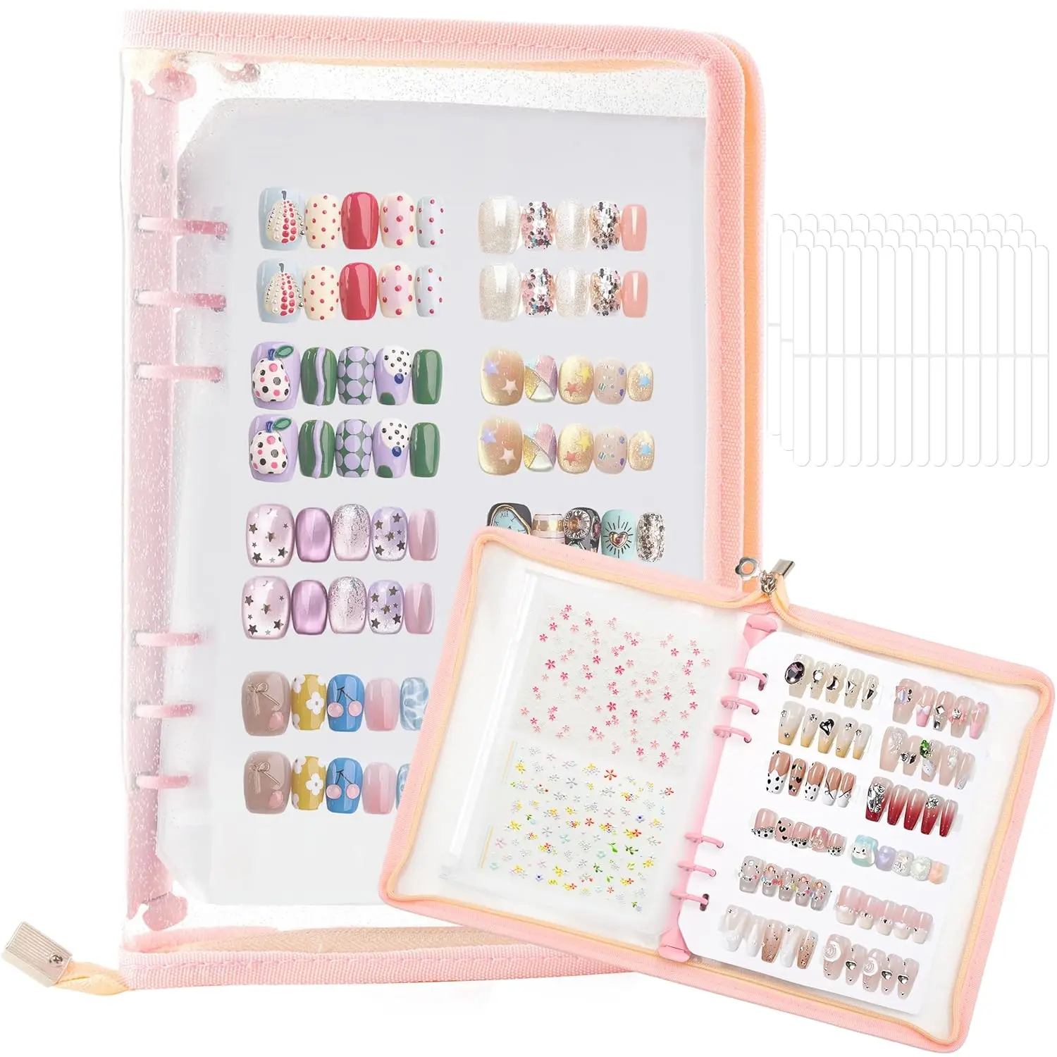 18PCS Press On Nail Organizer Clear Empty Press on Nail Packaging Set with 8 Insert Pages,8 nail double tape and 1 Zipper Pocket for Fake Nail Storage Nail Art Salon (pink)