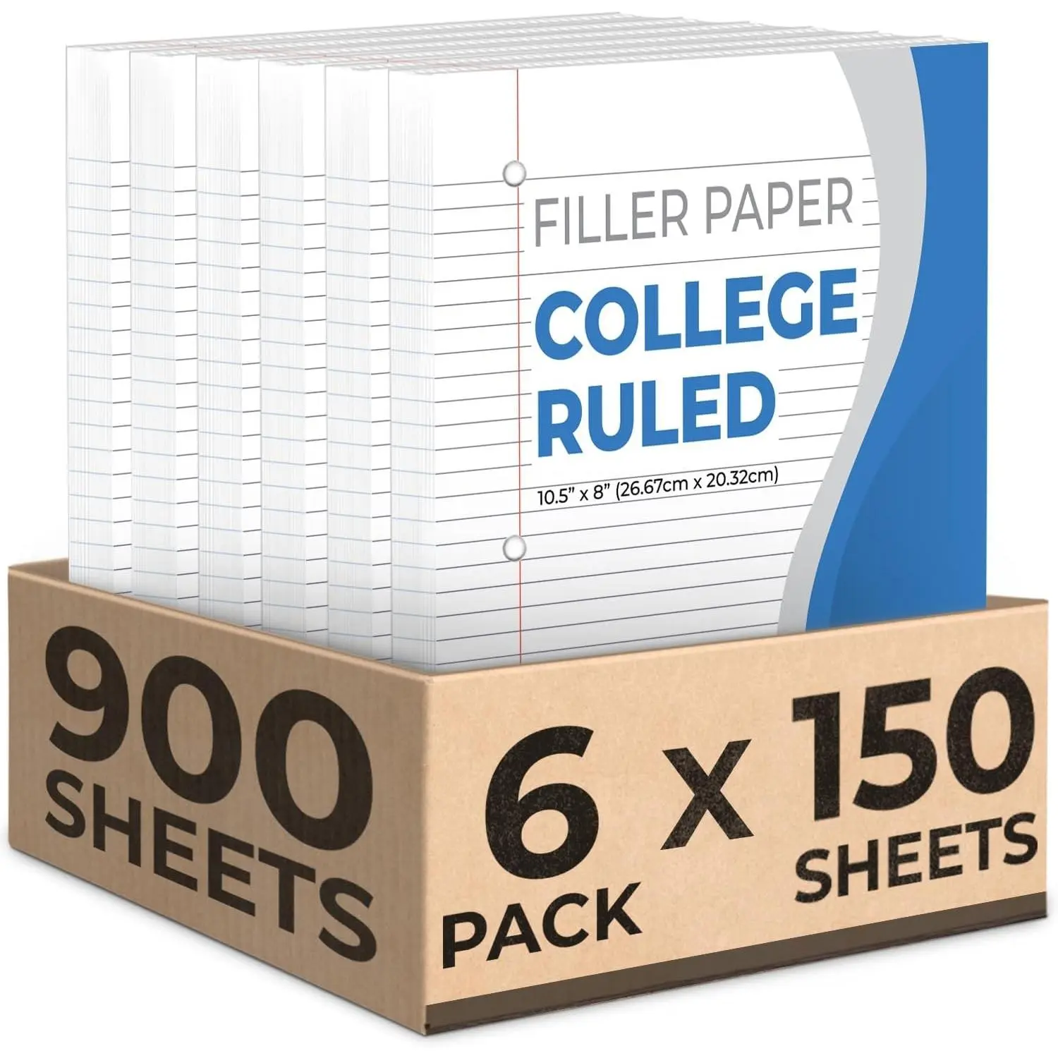 900 Sheets Loose Leaf Paper, 6 Pack, College Ruled Filler Paper - Bulk Office Paper, 8 x 10.5 Inches, 3 Hole Punched, 150 Sheets per Pack, WhiteGift