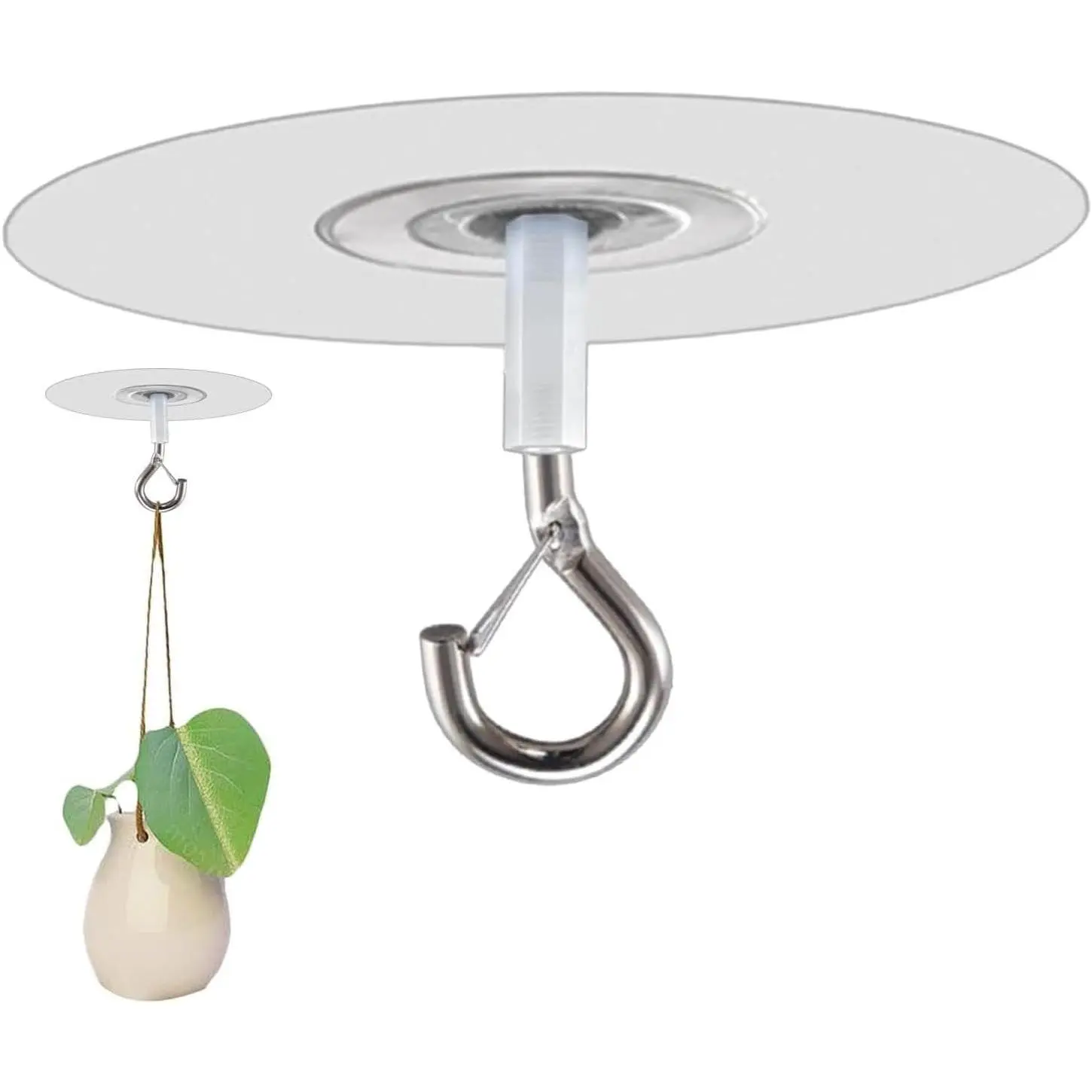 Silver Adhesive Ceiling Hook-Weight-Bearing Stick-On Ceiling Hooks, Sticky Ceiling Hook, Drill Free Hanging Hook with Safety Clasp, Water Resistant Hooks for Ceilings Plants Chimes, Utility Hooks