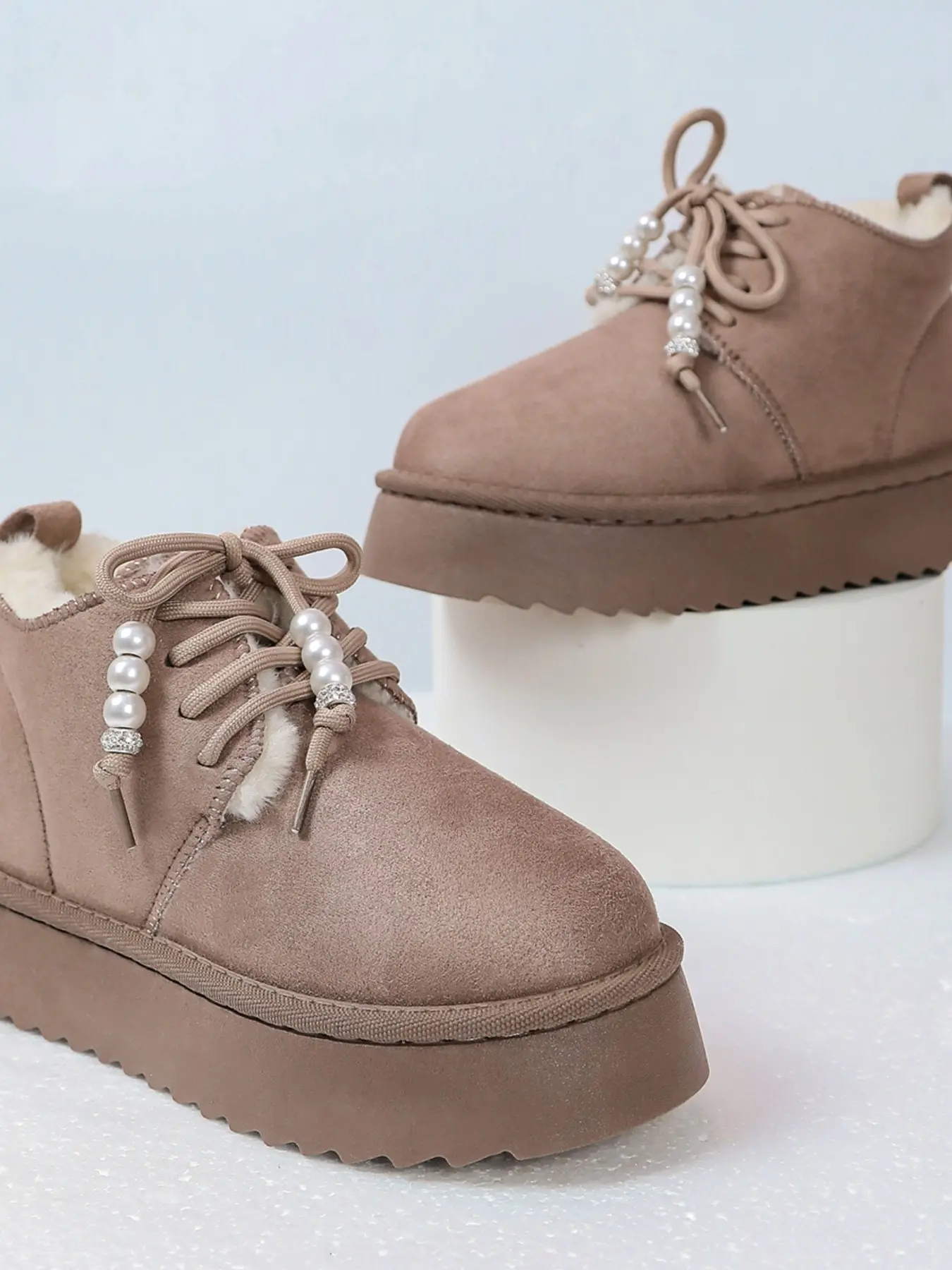 2026 Korean Style Matte Faux Suede High Top Snow Boots, Warm Plush Lining, Pearl Rhinestone Decor, Anti-Slip, Fall Winter Women's Shoes