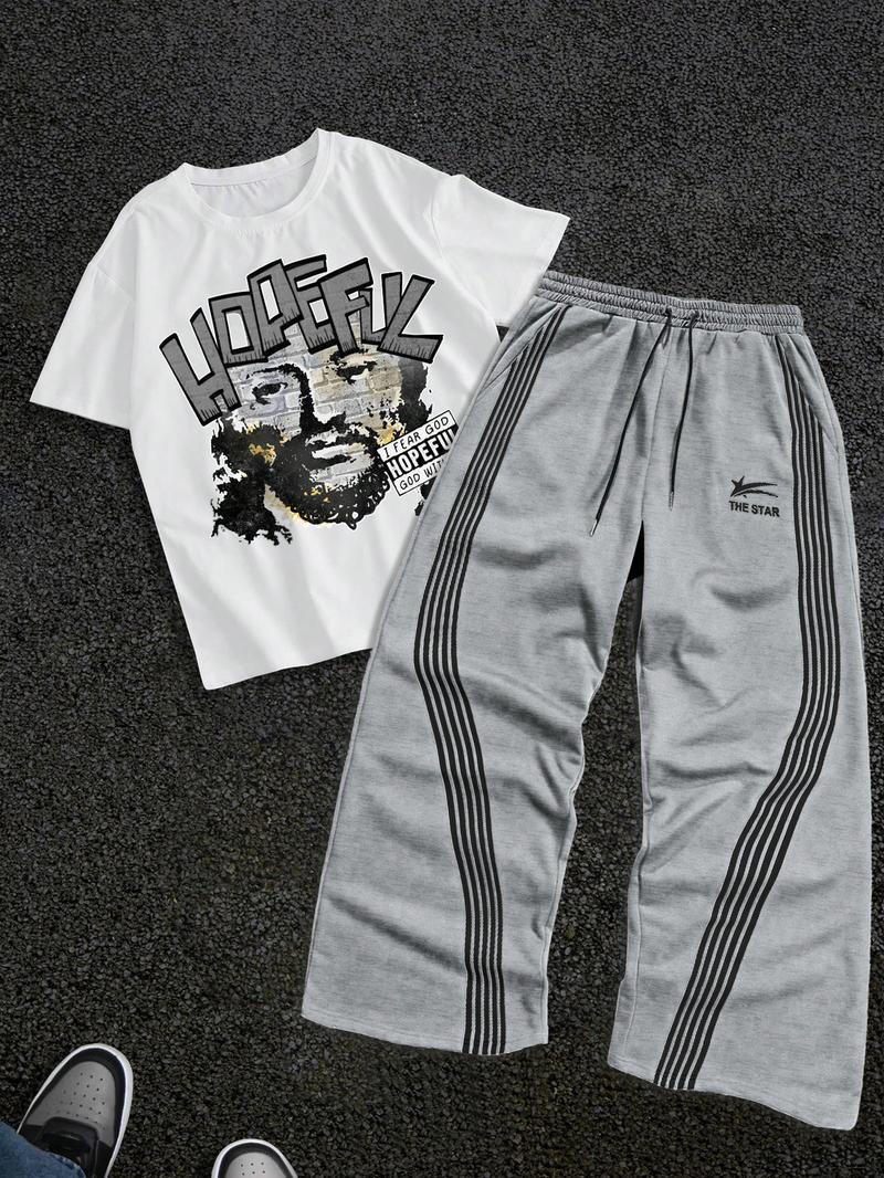 Men's Letter Print Short Sleeve Graphic Tee & Side Stripe Drawstring Waist Pants Two-piece Set, Regular Fit Round Neck T-shirt & Pocket Trousers, Casual Fashion Cozy Breathable Men Outfits for Spring & Fall