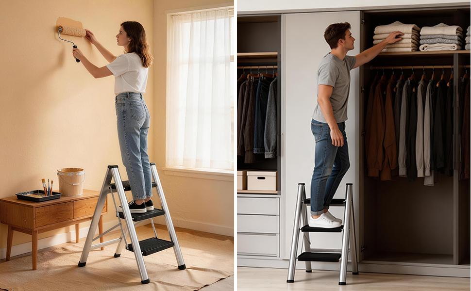 3-Step Ladder, Folding Step Stool for Adults with Wide Anti-Slip Pedals, Portable Step Ladder for Kitchen/Closet/Garage, Steel Multi-use Foldable Stepstool for Home 330 Lbs