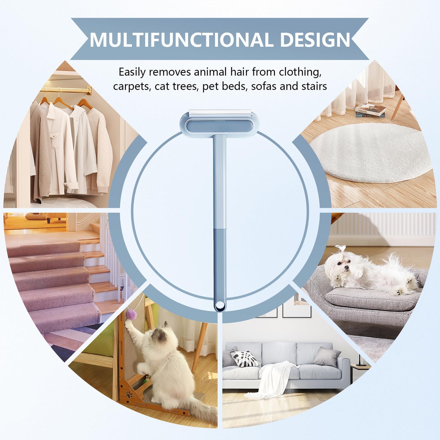 4 in 1 Long Handle Pet Hair Remover Brush with Adjustable Ergonomic Handle for Furniture Couch Carpet Clothes Reusable Washable Lint Brush