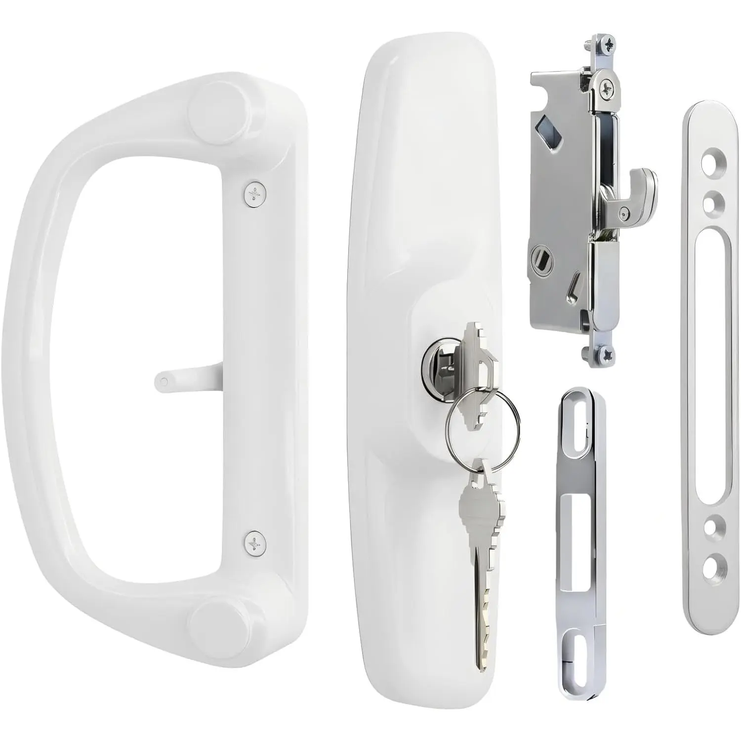 Aluminum Sliding Glass Patio Door Handle Set with Mortise Lock & Keys, Fits 1-1/4" to 2" Thick Doors 3-15/16" Hole Spacing, Adjustable Thumb Latch, Non-Handed, White