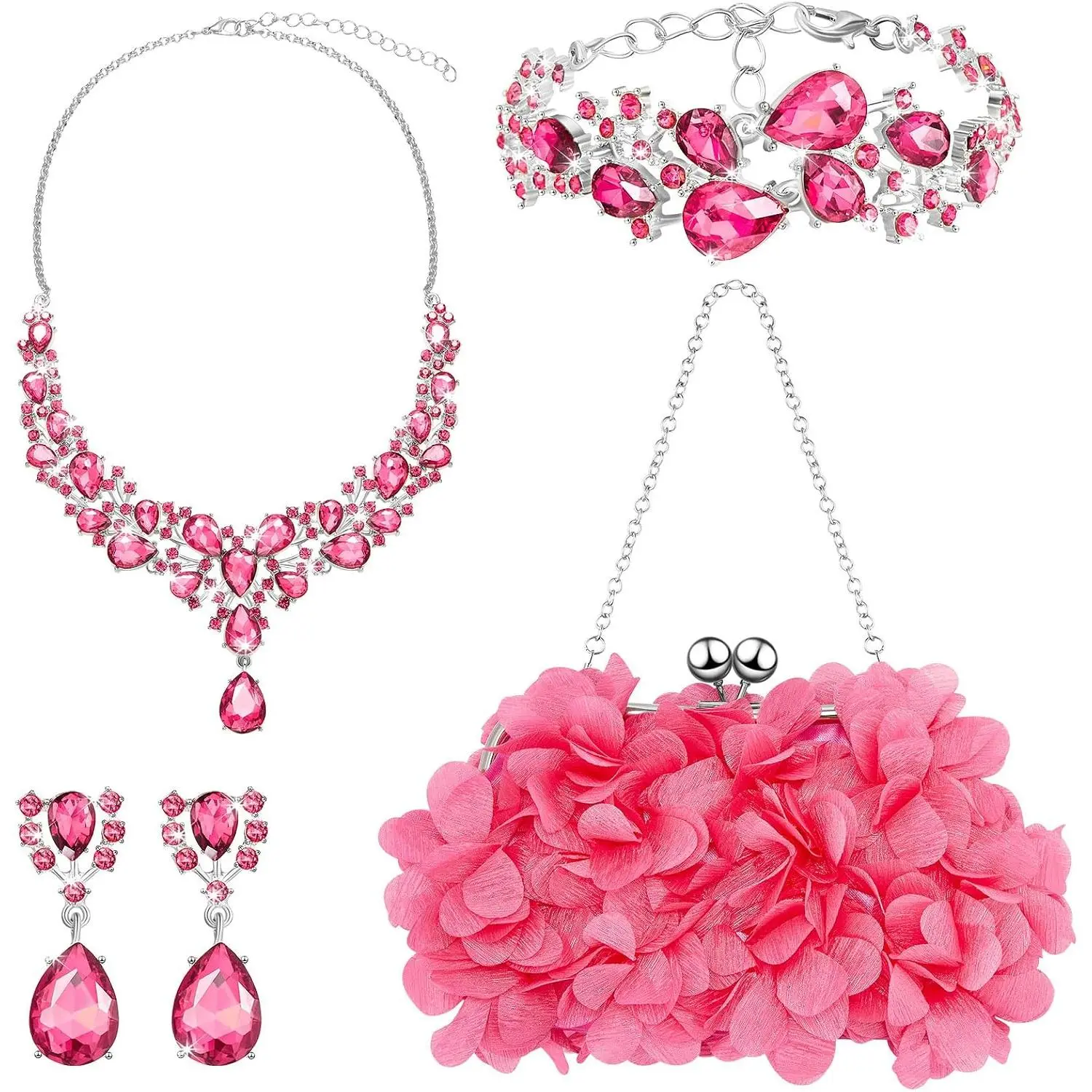 4 count Flower Clutch Rhinestone  Set Rose Clutch Handbags with Detachable Strap Detachable Necklace Earrings Bracelets for Wedding Party Prom Valentine