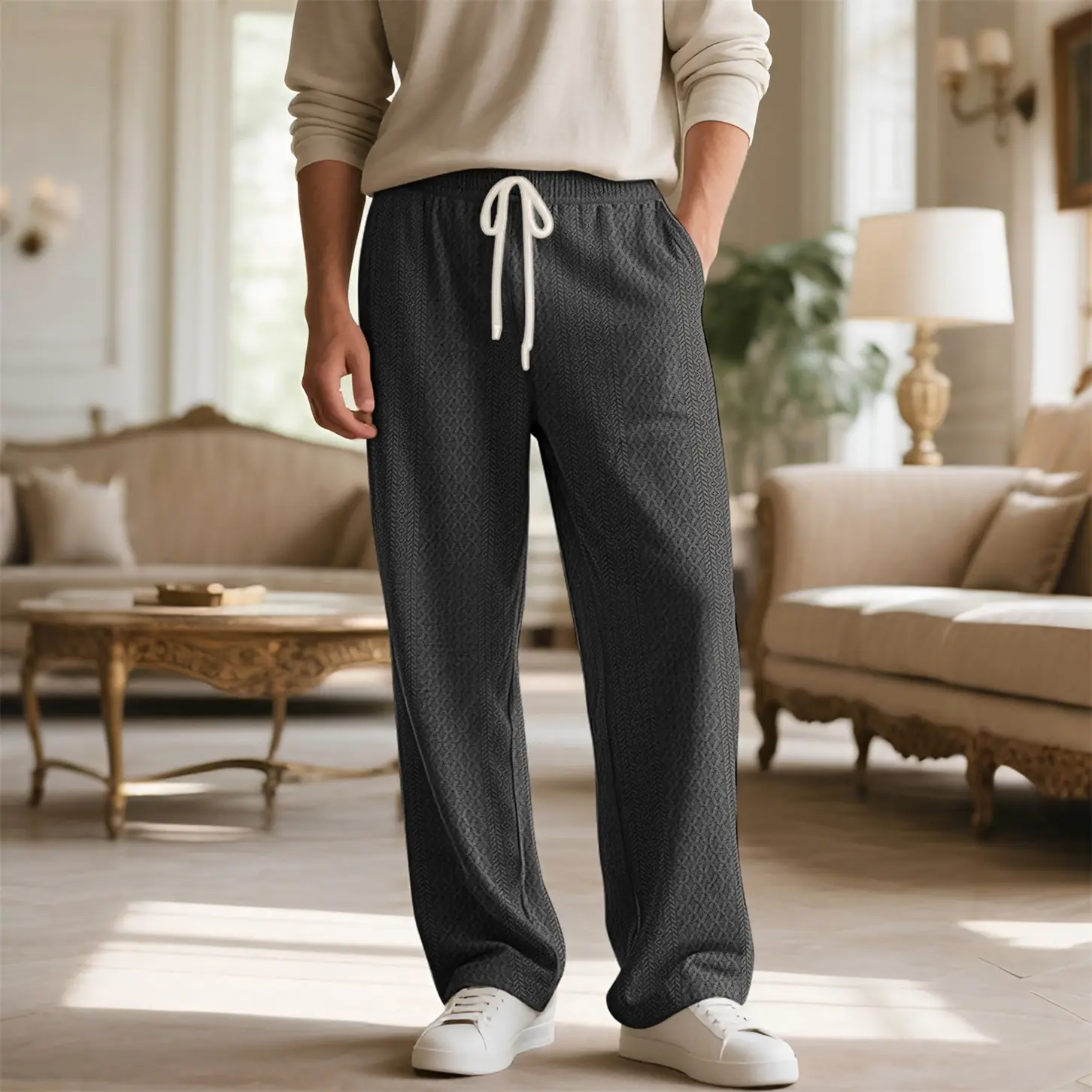 Men’s Casual Wide Leg Drawstring Pants, Relaxed Loose Fit Textured Straight Leg Trousers with Pockets, Elastic Waist Lounge Pants for Home Travel Weekend Streetwear and Daily Wear