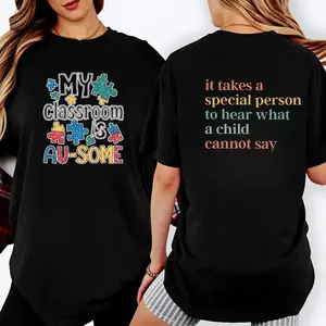 Men's 100% Cotton Lightweight Thermal T-Shirt Back To School Double Sided Print My Classroom Is Au-Some Autism Awareness Puzzle Pieces Design Special Education Teacher Gift