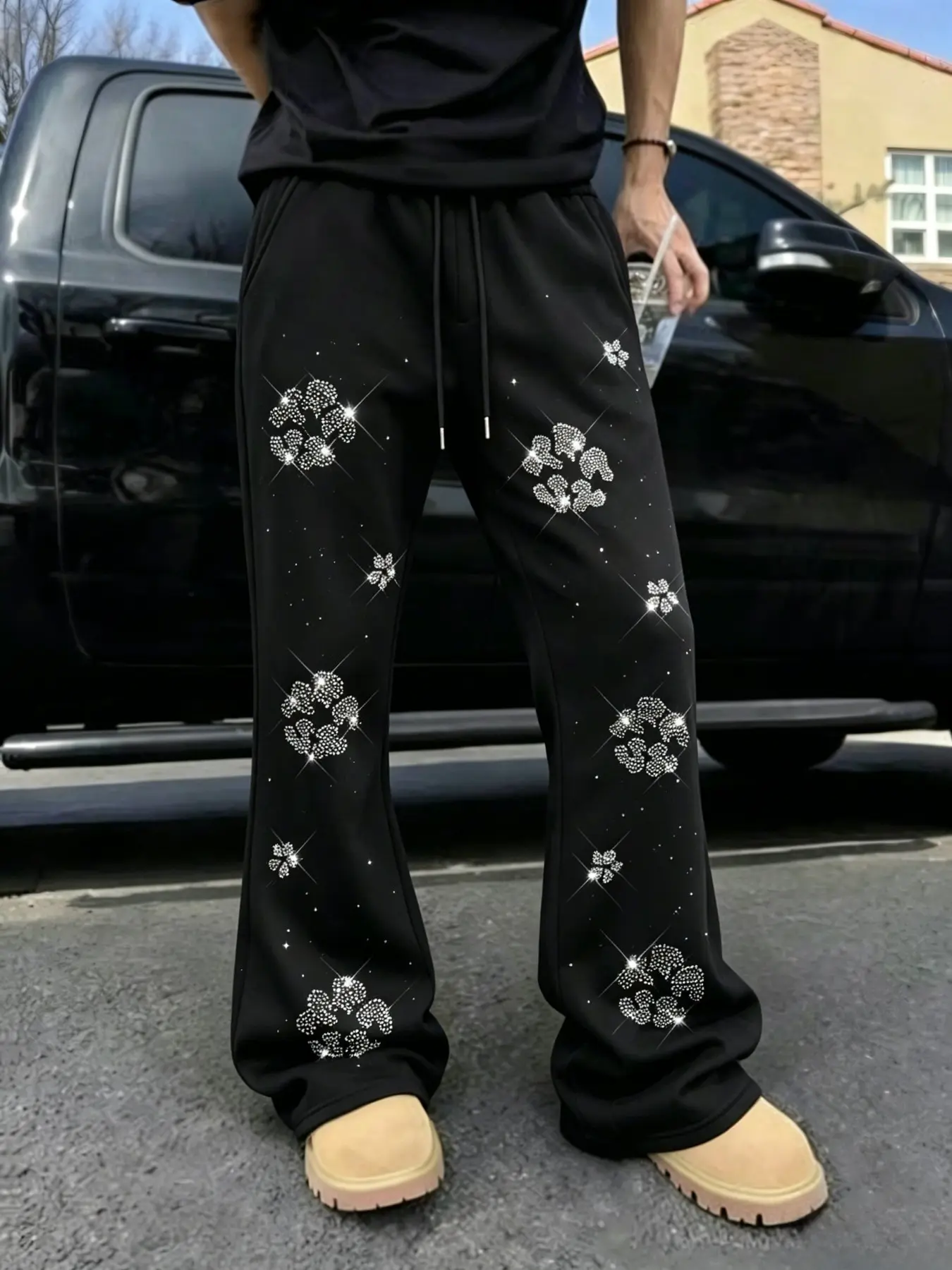 Men's Floral Rhinestone Four-Leaf Clover Sweatpants, Drawstring Loose Fit Wide Leg Casual Long Pants, All Seasons Fashion