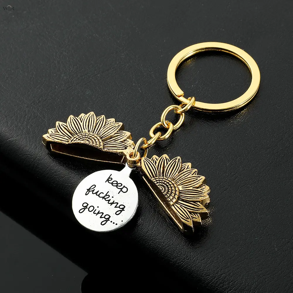Women's Double Sunflower Engraved Round Dangle Keychain - 22g, 3.2cm, 9cm, Gold-Silver Pendant, Inspirational Quote, Lightweight Feminine Metal Costume Jewelry, Summer Gift for Women/Girls, Silver Tone, Statement Pieces, Casual Daily Wear, 22 G, 3.2 Cm