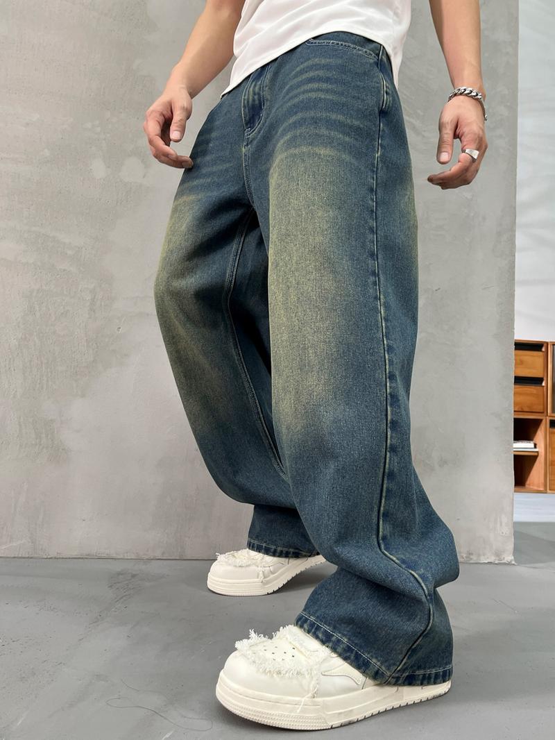 Men's Vintage Wide  Leg Jeans, Loose Casual Comfy Denim Pants for Daily Wear, Woven Bottoms for All Seasons, Denim Streetwear