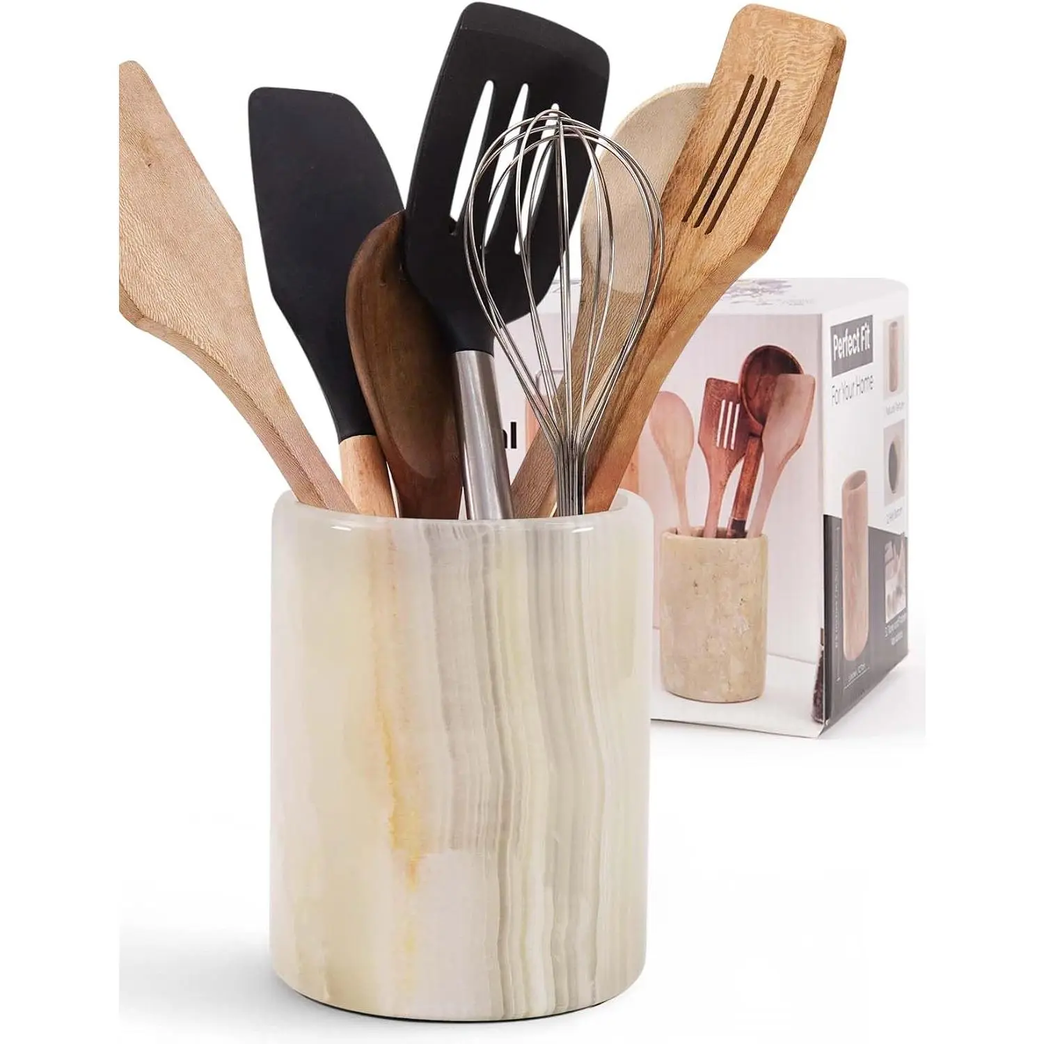 Marble Utensil Holder 6.5 Inch Cream Onyx Wooden Cooking Utensils Set & Spatula Organizer for Kitchen Counter, Stone Utensil Crock &  for Spoon Holder &  Decor