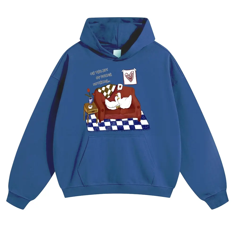 Unisex OH THE JOY OF DOING NOTHING... A pair of cuddling white ducks staying at home Graphic hoodie Personalized Pattern Y2k Clothing Round Neck hoodie,Women's Clothing 100% Cotton, Menswear, Top, Vintage Style,Summer Casual Oversized