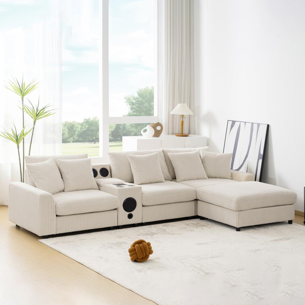 112'' Corduroy Sectional Sofa with Bluetooth Speakers, L-Shaped Couch with Console, USB Charger, Cup Holders, Storage, Ottoman, Deep and Wide Seat Cloud Sofa for Living Room & Apartment