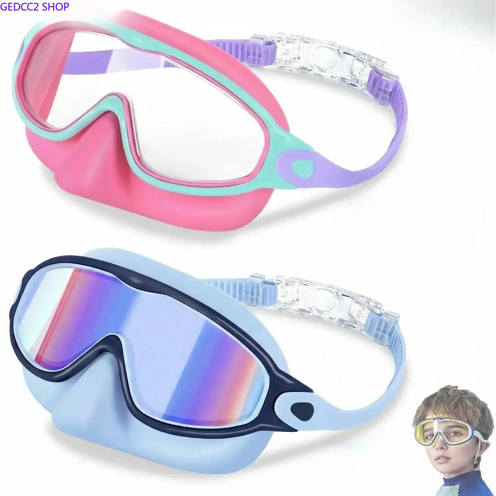 2-pack swimming goggles equipped with integrated nose cover, built with anti-UV and anti-fog lenses for wide clear vision. Soft comfortable design, suitable for boys and girls aged 3 to 15 for summer pool and water activities.