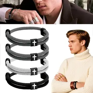4 Pack Adjustable Braided WWJD Cross Bracelets for Men, Faith Jesus Christian Wristband Religious Jewelry Gift Set