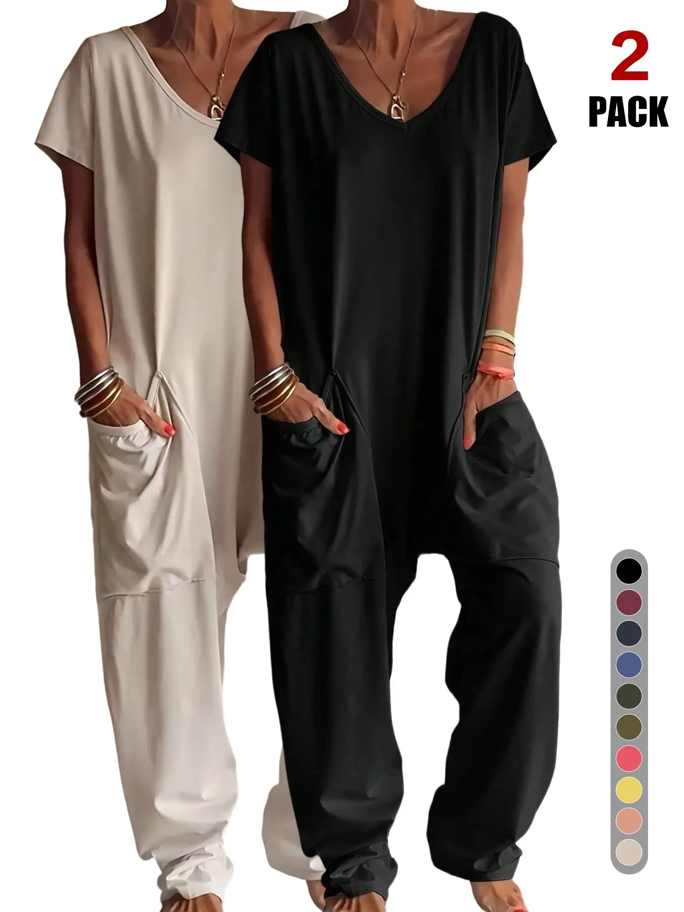 2026 Spring Summer Premium Basic Solid Color Women Short Sleeve Jumpsuit, V Neck Oversized Loose Casual Romper with Functional Pockets, Comfortable Anti-Wrinkle Breathable Loungewear for Pajamas Leisure and Daily Outdoor Activities