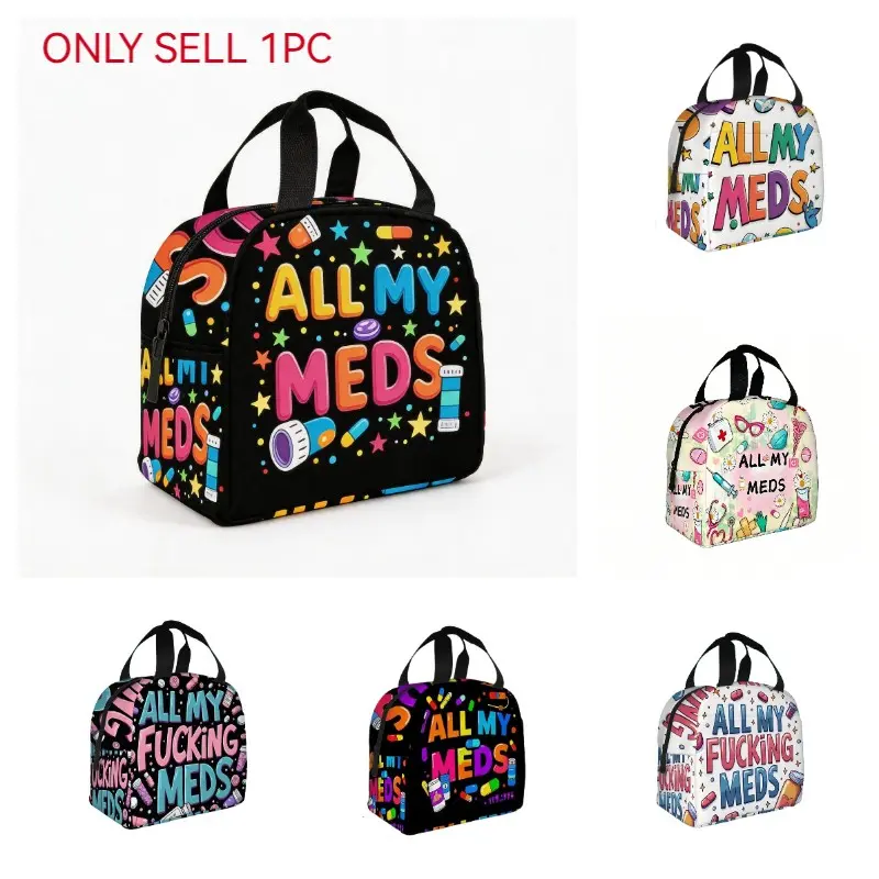 Printed Insulated Storage Handbag, Portable Aluminum Foil Lining Pouch, Medicine Health Food Travel Organizer Bag