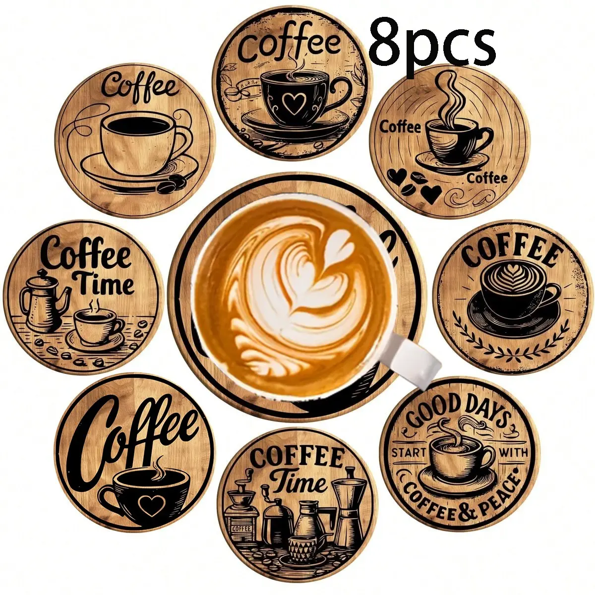 Coffee Element Design Wooden Non-Slip Coasters, Retro Round Plywood, Home Kitchen Decor, Outdoor Garden, Holiday Gifts, Drink Coasters