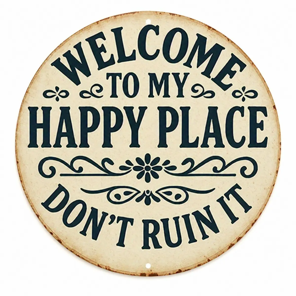 8X8 Inch Welcome To My Happy Place Metal Sign, Funny Round Wall Decor For Home Entryway, Living Room, Kitchen, Patio, Farmhouse Style Hanging Art