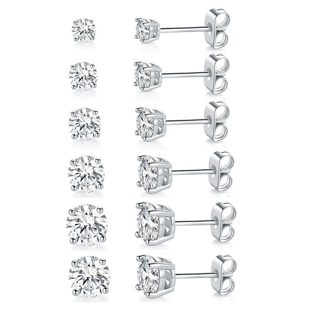 Elegant Gold Plated Cubic Zirconia Earrings With Free Jewelry Box Pack 6 Pairs for Men & Women Round & Princess Cut Unisex Fashion Jewelry Gift 4mm 6mm 8mm Sizes with Free Jewelry Box Moissanite Stud Hip Hop Zircon Clip