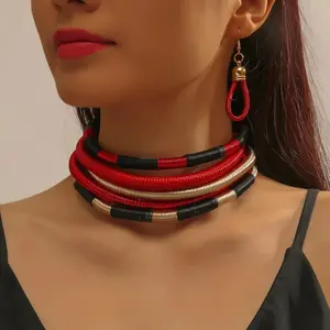 Africa Tribal Neck Jewelry Multilayer Colorful Rope Weave Chunky Bib Statement Necklace Earrings Set For Women Party Accessories