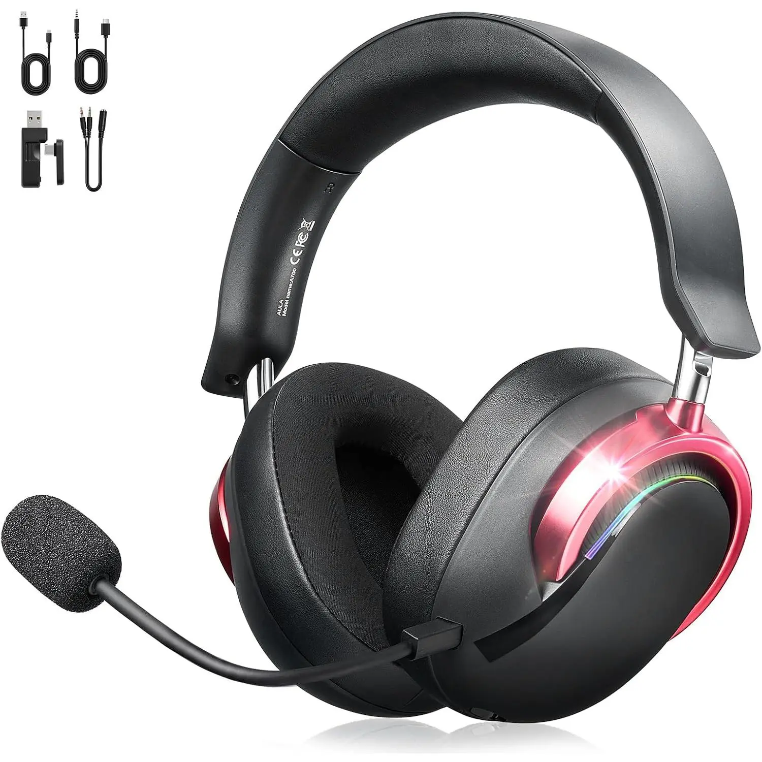 Wireless Gaming Headset with Mic Over Ear Headphones for PC,Xbox,PS5,Switch | 7.1 Surround Sound,50mm Drivers,Aluminum Frame,Noise Cancelling,RGB,Soft Ear Pads,Multi Platform Headset for Laptop Phone Mac