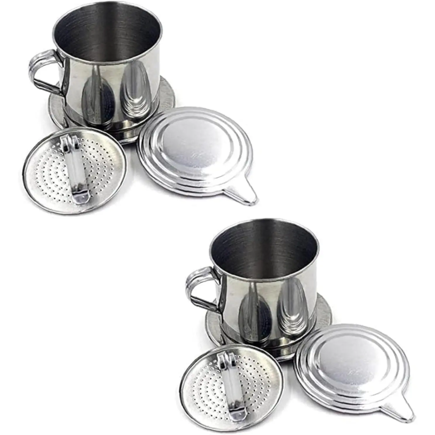 2-Piece Silver Vietnamese Mesh Filter Stainless Steel Drip Brewing Set - No Paper Drip, Multiple Cups Compatible for Home/Office/Outdoor Pet Stairs & Ramps Companion Use, Two Pieces